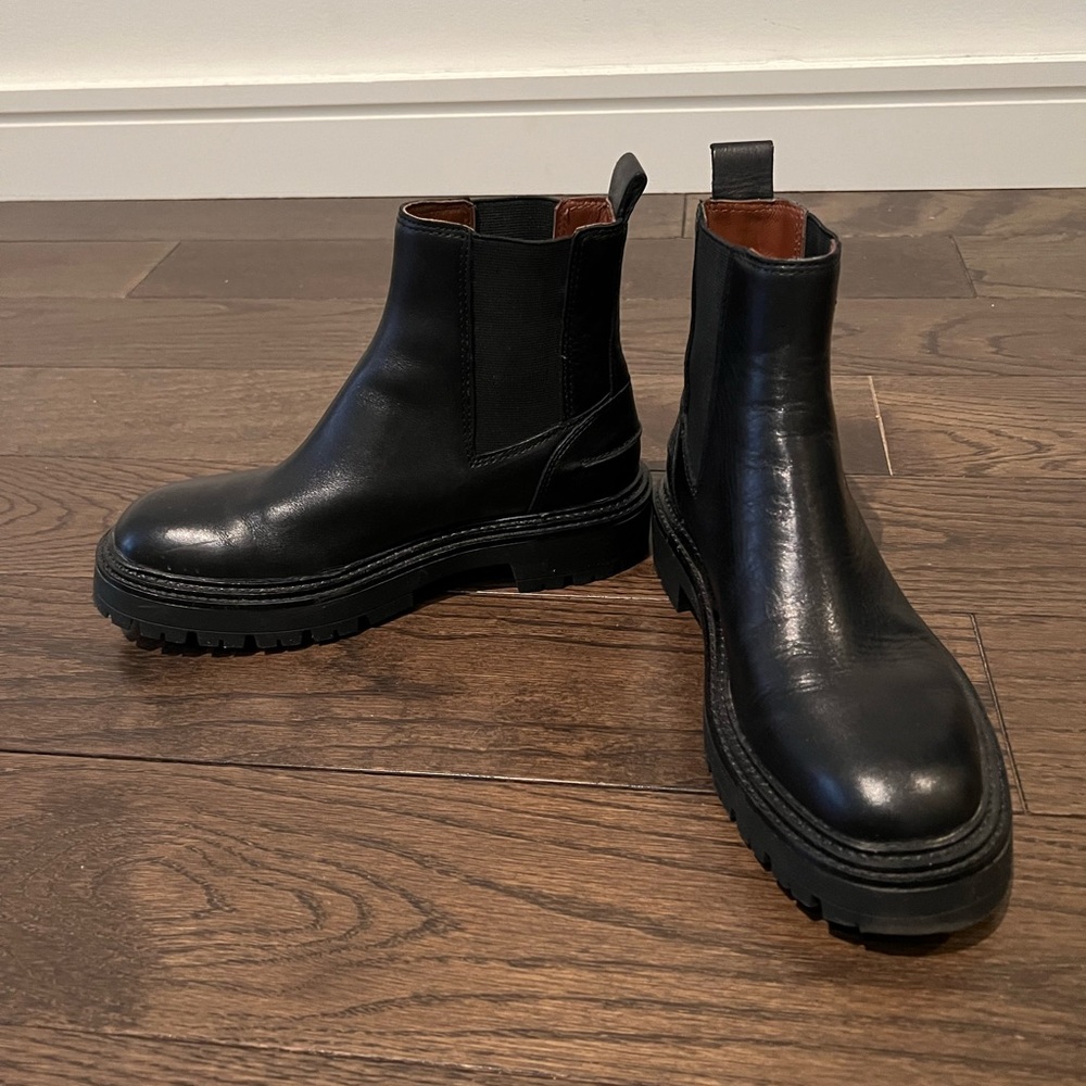 Zara black leather lug sole booties